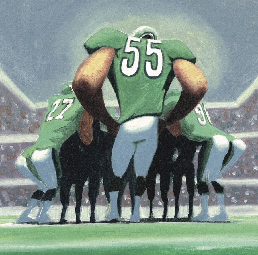 Illustrated spread from A Cold Night In February showing the Eagles defense huddled together on the field