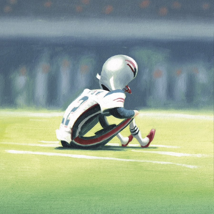 Illustrated spread from A Cold Night In February showing a dejected opposing player kneeling on the field